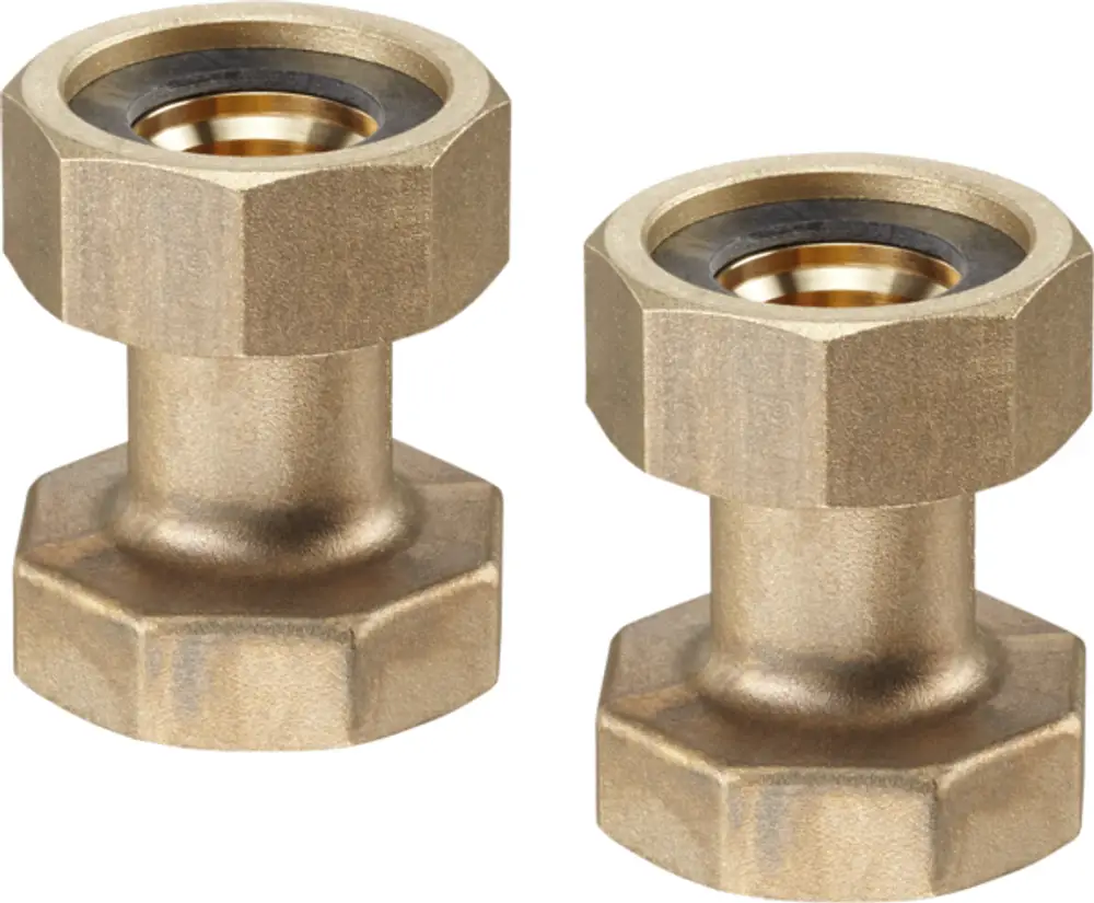 Oventrop Anschlussstückset aus Bronze, bestehend aus zwei gleichen Verbindungselementen mit sechseckiger Form und innenliegender Dichtung.